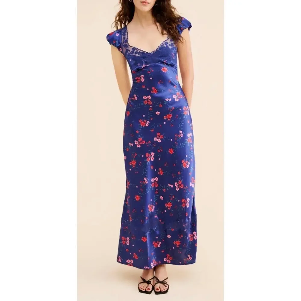 Free People Butterfly Babe Floral Blue Lace Boho Maxi Sz Large